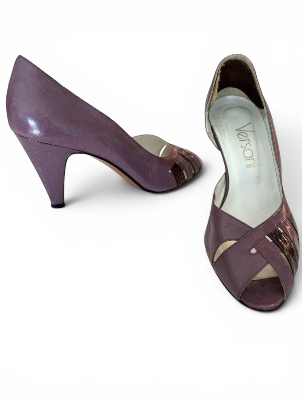 Vintage VERSANI Made in Italy Lavender Snakeskin Peep-Toe Leather Pumps Size 6B